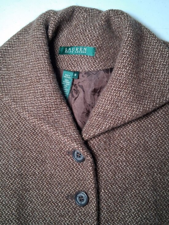 Lauren Ralph Lauren Tweed Blazer Jacket Women 10 Brown Wool Blend Short Classic - Picture 9 of 15